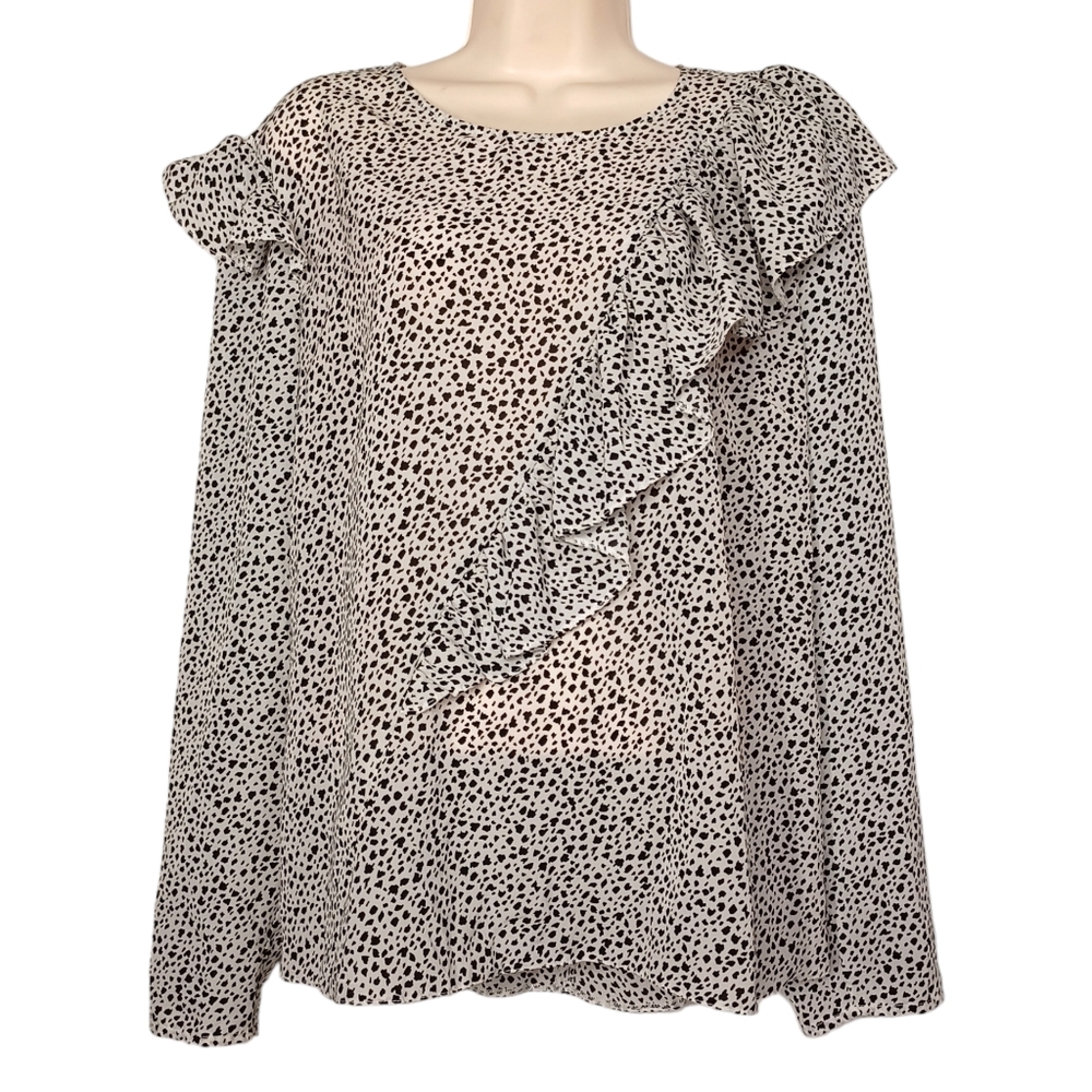 TOPSHOP Black White Dalmatian Mini Print Ruffle Long Sleeve Top 12 (Large)